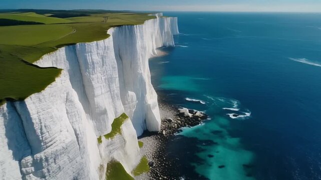 White chalk cliffs overlooking a turquoise ocean with green grassy clifftops and blue sky image photo