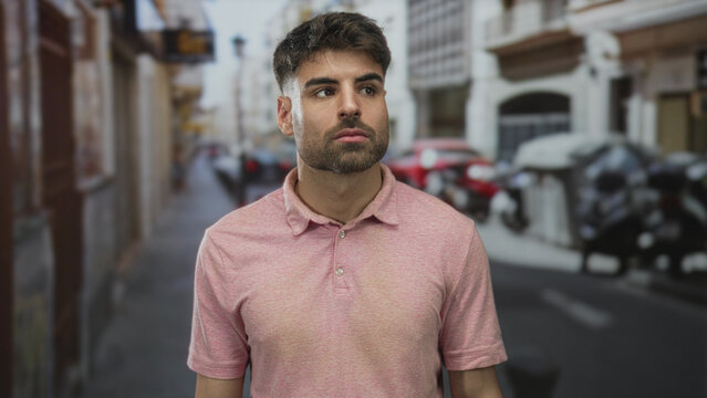 Man with bare face and stubble walks forward past aged buildings amid parked scooters on street; introspection.