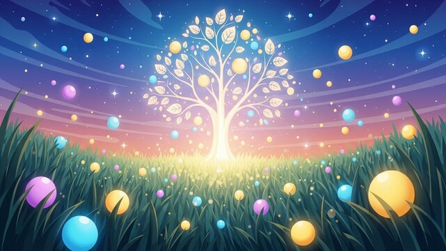 Dreamy glowing tree of life with floating orbs in magical landscape, perfect for meditation, whimsical designs, and enchanting storybooks, inspiring peace