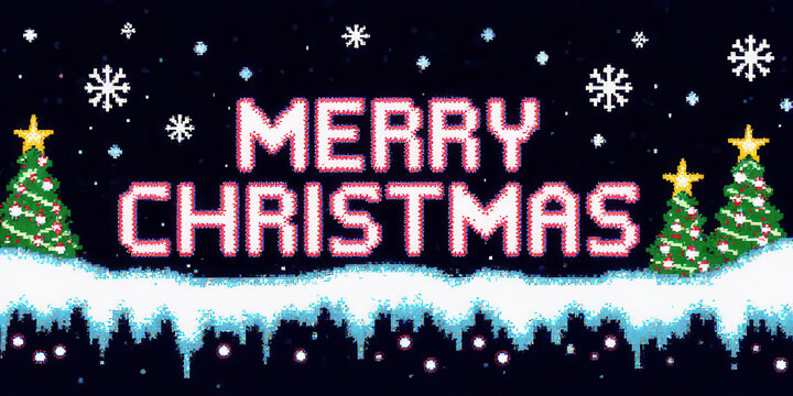 Pixel art arcade game level with pixelated text "Merry Christmas", starry night background. 8bit Retro game concept. Large Banner size