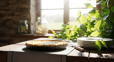 Freshly baked quiche on a rustic wooden table by a sunlit window