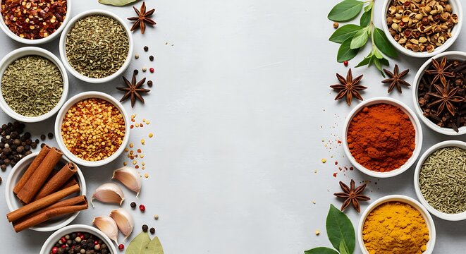 Variety of colorful spices and herbs ingredients for cooking culinary background