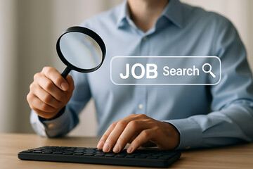 Digital hologram job search concept with businessman symbolizing employment career growth and hiring opportunities in modern recruitment industry