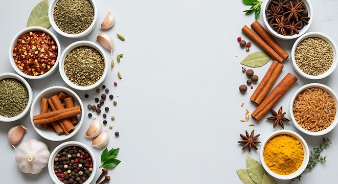 Various herbs spices and seasonings with copy space for menu design