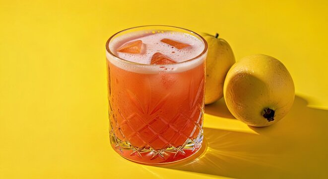 Fancy Crystal Glass of Fresh Guava Juice with Guava on a Yellow Background Tropical Drink