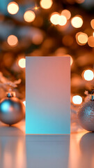 Minimal vertical mockup of blank menu card or invitation on light wooden surface, blurred warm fairy lights in background, Christmas warmth aesthetics.