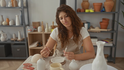 Woman holds sculpting tools and shapes a clay bowl with hands at a pottery studio table surrounded by vases and tools; creative concentration.