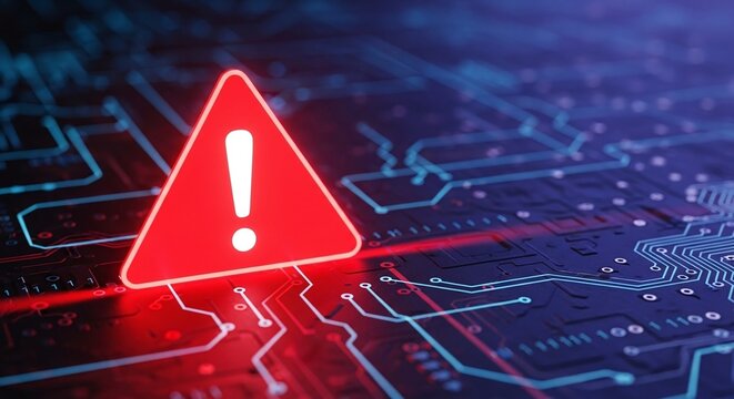 Glowing red warning sign on a dark, illuminated circuit board, symbolizing cyber security threat, error, and digital risk