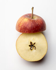 Fresh red apple sliced in half on white background, showing stem, seeds, and juicy interior. Perfect healthy fruit image for food, nutrition, and organic themes.