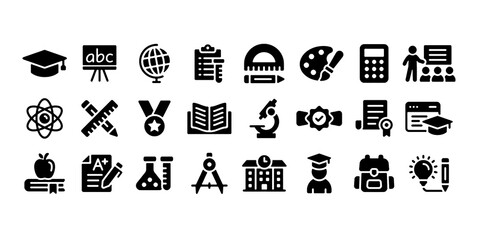 Education icon set. Containing study, graduation, student, knowledge, learning, school and stationery icons. Solid icon set. Vector illustration.
