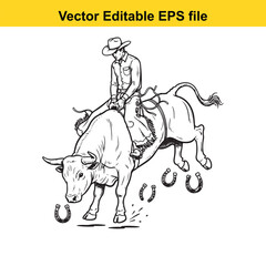 Black and white line art drawing of a cowboy riding a bucking bull with horseshoes scattered around, isolated on