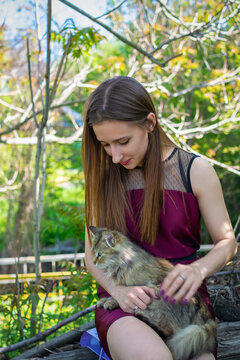 Woman Sitting Outdoors with a Cat on Her Lap in a Green Spring Garden