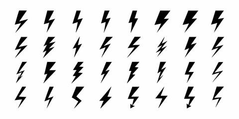 Collection of black lightning bolt icons on white background