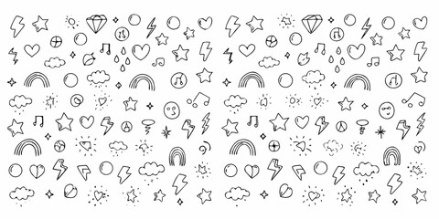 Hand drawn doodle elements of stars hearts rainbows and lightning bolts