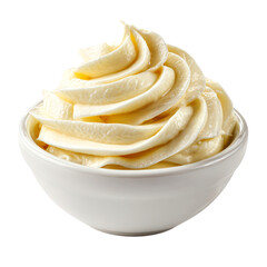 whipped vanilla cream in white bowl, creamy dessert topping in ceramic bowl