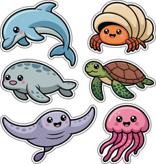 Obraz premium Cute cartoon sea animals sticker collection for kid's design