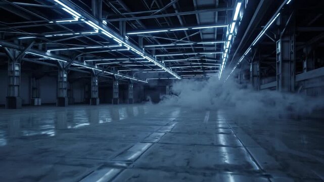 Exploring an empty industrial space with neon lighting and mist in a modern warehouse