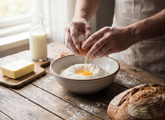 Fototapeta premium 계란 반죽을 만드는 손 / Hands Mixing Egg Batter