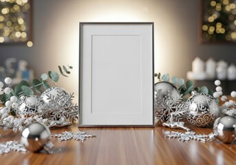 Blank picture frame mockup surrounded by elegant silver christmas ornament baubles, snowflakes, and eucalyptus greenery on a wooden table with warm bokeh lights