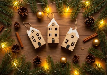 Cozy wooden houseshaped christmas ornaments with warm string light garland, pine cone, and cinnamon stick decoration on dark wood background for holiday season
