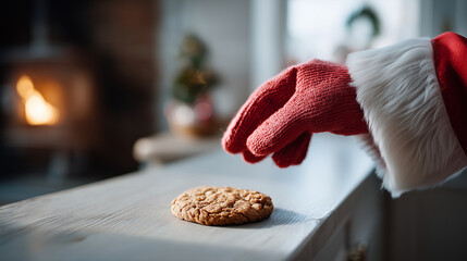 Product photo showing Santas glove leaving a cookie on a table beside the chimney entry, precise lighting and minimal clutter, faceless, with copy space