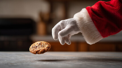 Product photo showing Santas glove leaving a cookie on a table beside the chimney entry, precise lighting and minimal clutter, faceless, with copy space