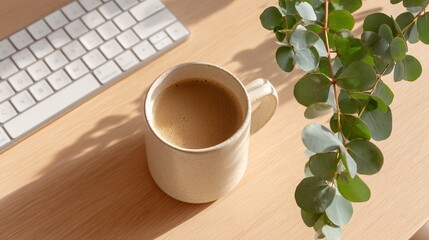 Overhead view of a tidy workspace featuring a ceramic coffee mug, a wireless keyboard, and green foliage, creating a serene and inviting atmosphere for productivity