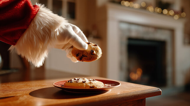 Product photo showing Santas glove leaving a cookie on a table beside the chimney entry, precise lighting and minimal clutter, faceless, with copy space