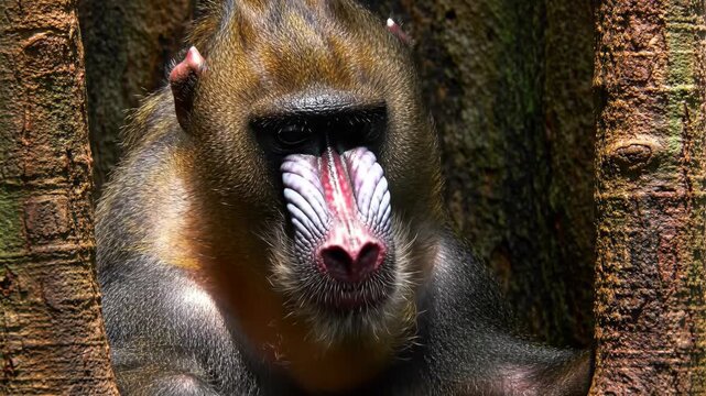 Close up of Mandrill monkey face with vibrant colors in tree, animal portrait.