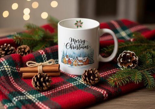 Cozy white ceramic mug with merry christmas text and winter scene design resting on red plaid fabric with pine cones and cinnamon sticks for holiday decoration