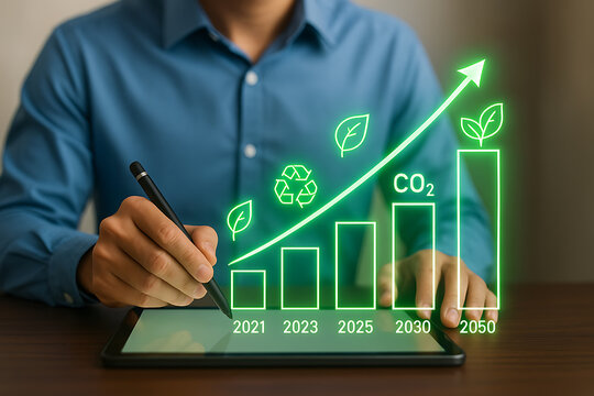 Eco sustainable growth chart showing reduction in CO2 emissions with timeline until 2050