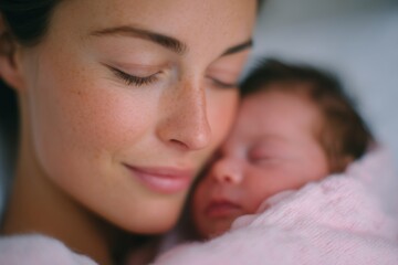Mother gently cradles her newborn baby, showcasing a tender moment of bonding, with soft textures and warm colors enhancing the intimate atmosphere of love and connection