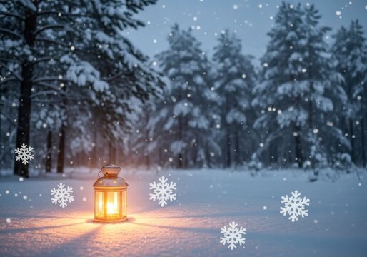 A glowing vintage lantern sits on the snowy ground in a serene winter forest scene with falling snowflakes creating a magical and peaceful atmosphere