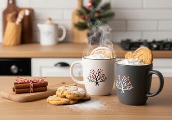 Two steaming mugs of hot chocolate or coffee with whipped cream and cookies on a wooden kitchen counter near cinnamon sticks, festive holiday mood