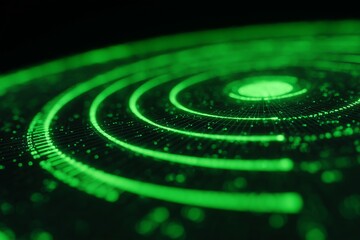 Abstract radar interface with soft pulsing lines, featuring vibrant green circular patterns and glowing dots, creating a futuristic digital landscape with depth and movement