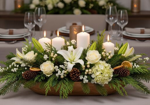 Elegant centerpiece arrangement with white candles, white lily, white rose, pine cone, and evergreen branch for holiday table setting