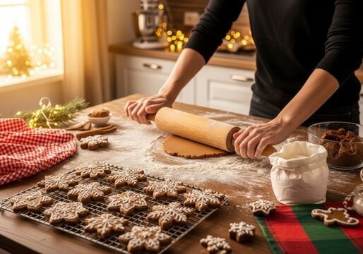 Woman rolling gingerbread dough with a wooden rolling pin on a kitchen table while baking snowflake cookies for christmas celebration