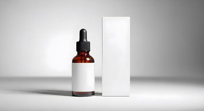 Amber glass dropper bottle with blank label and box mockup on white