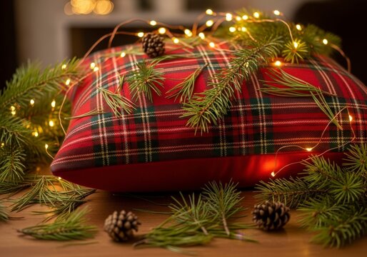 Cozy red tartan plaid throw pillow decorated with glowing string lights, pine branches, and small pinecones for a warm holiday or christmas home decoration setting - Powered by Adobe