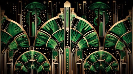 An abstract background with vintage emerald green, gold, and black geometric patterns exudes opulence and glamour