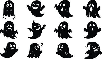 Illustration of collection of spooky ghost silhouettes with different expressions on white