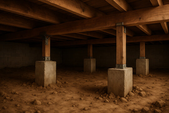 Empty crawl space foundation with wooden beams and concrete supports showing housing structure construction and property maintenance system