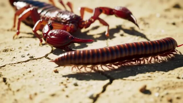 Red scorpion versus centipede on cracked earth. Wildlife animal danger desert.