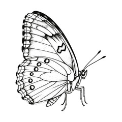 Detailed stippling illustration of a butterfly with intricate wing patterns, isolated on, showcasing delicate detail and artistic skill in monochrome