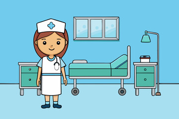 Hospital Room Interior with Nurse Station vector illustration
