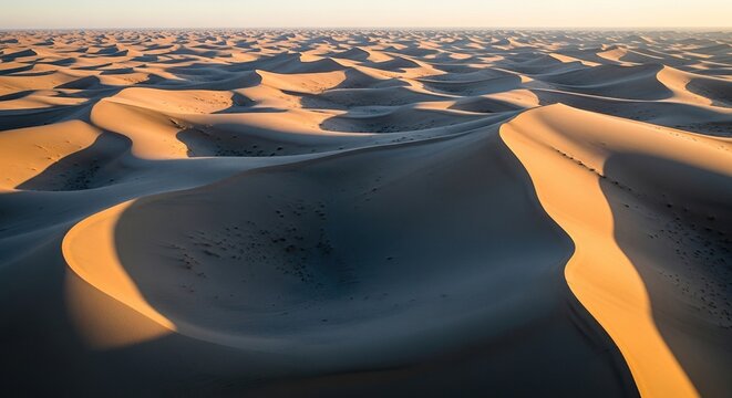 Golden light sweeps across endless desert dunes, creating a stunning landscape of rolling sand with captivating textures and shadows in the warm sunshine