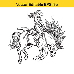 Fototapeta premium Black and white line art vector illustration of a cowgirl wearing a cowboy hat riding a wild horse decorated with large feathers, isolated on