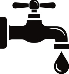 Illustration of black silhouette of a water tap with a drop