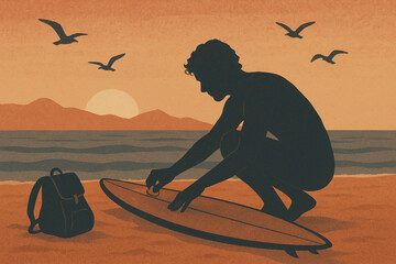Stylized vector of a surfer waxing a board on the beach at sunset. Includes backpack, birds, and mountains. Ideal for vintage, surf, and lifestyle-themed designs.