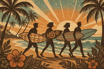 Vintage-style vector of four surfers walking with boards on a tropical beach at sunset. Includes palm trees, ocean waves, and vibrant sun. Ideal for lifestyle and travel themes.